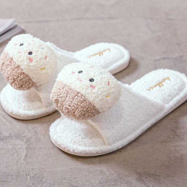 

Cartoon Decor Fluffy Slippers, Beige