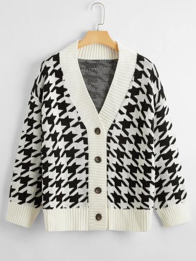 Plus Houndstooth Button Front Cardigan