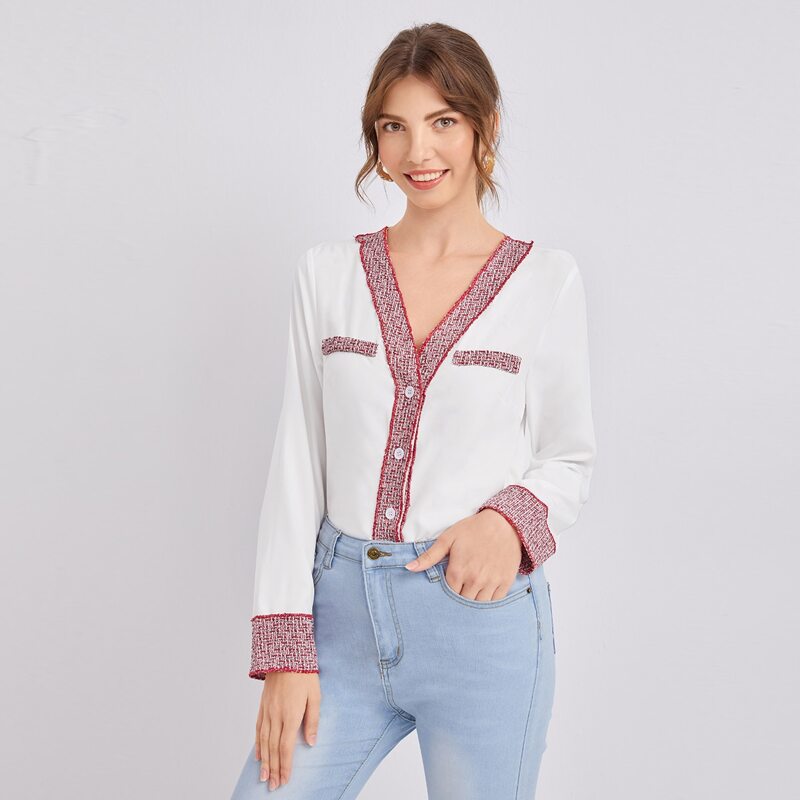 

Contrast Tweed Panel V-neck Blouse, White