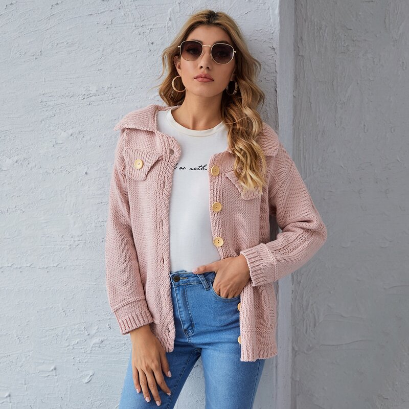 

Fake Pocket Button Front Cardigan, Baby pink