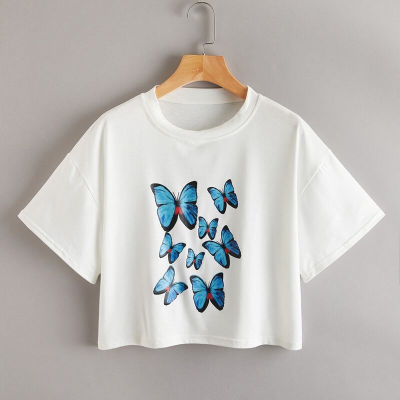 

Butterfly Print Crop Tee, White