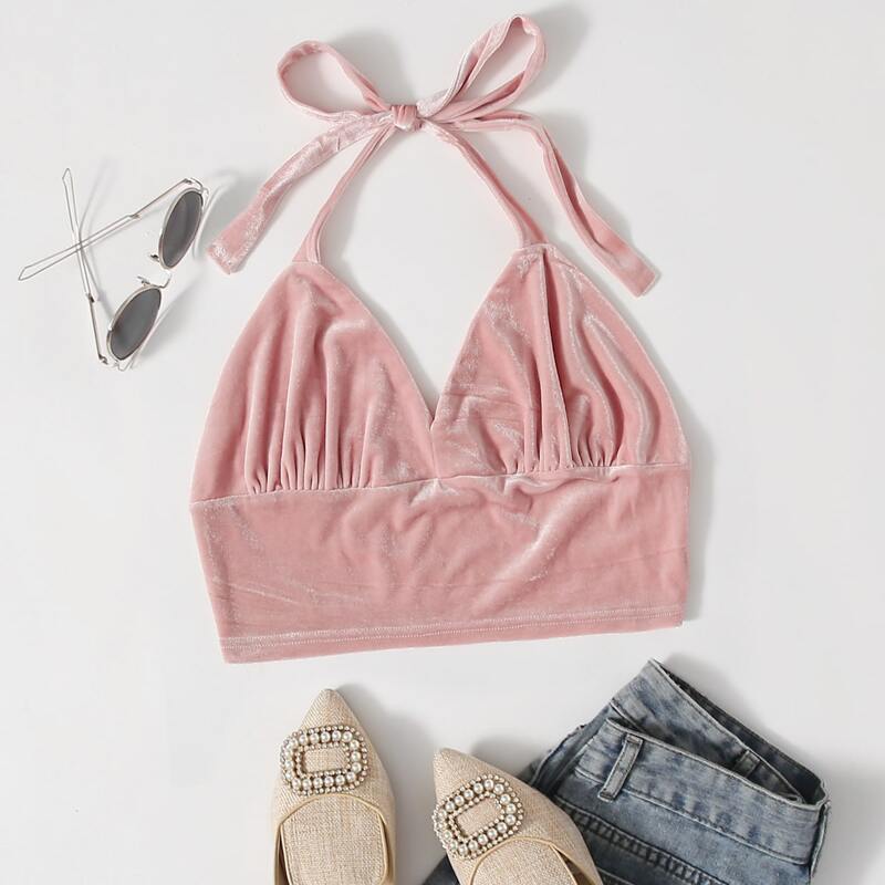 

Velvet Solid Halter Crop Cami, Baby pink