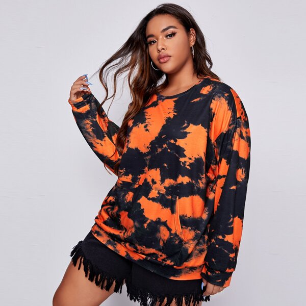 

Plus Drop Shoulder Patch Pocket Tie Dye Pullover, Multicolor