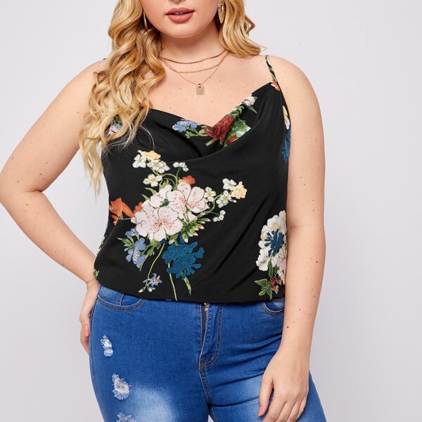 

Plus Floral Print Cami Top, Black