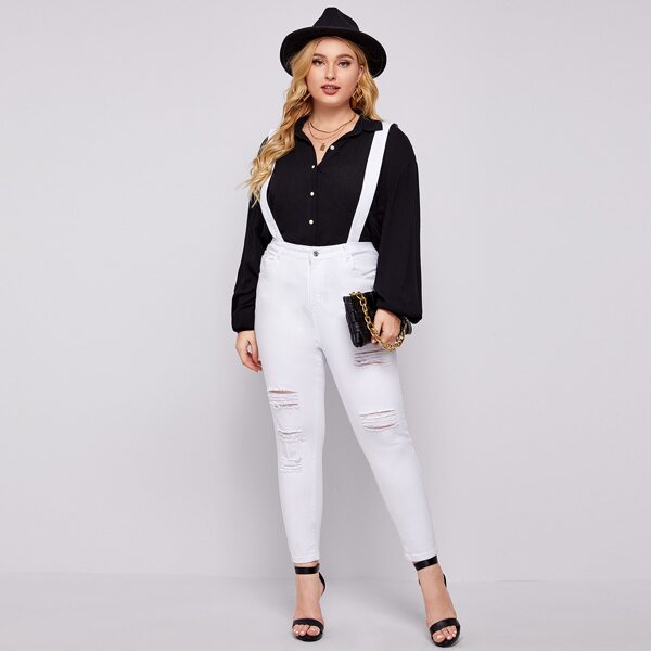 

Plus Ripped Detail Suspender Denim Overalls, White