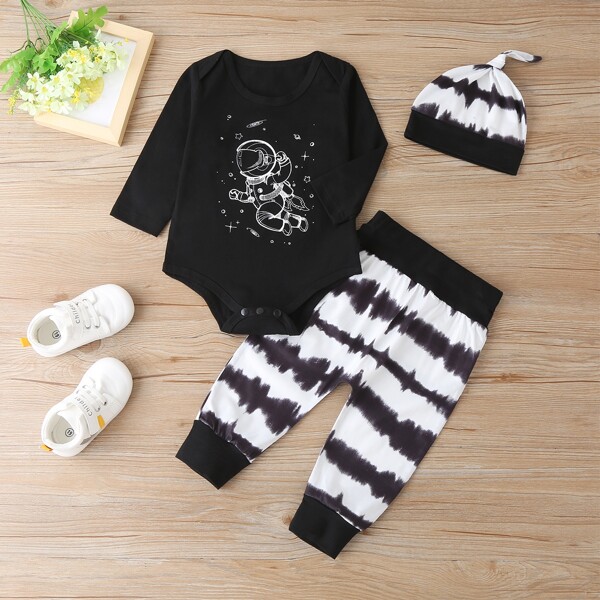 

Baby Boy Cartoon Graphic Bodysuit & Tie Dye Pants & Hat, Black and white