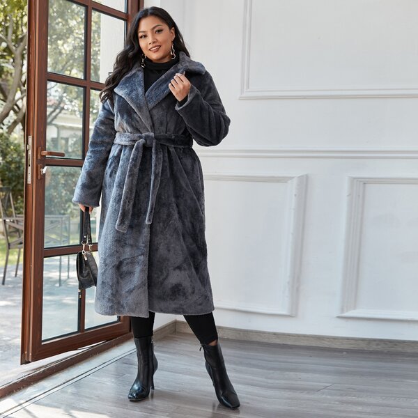 

Plus Solid Belted Teddy Coat, Dark grey