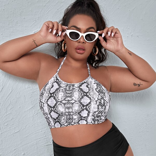 

Plus Snakeskin Tie Back Halter Bikini Swimsuit, Black and white