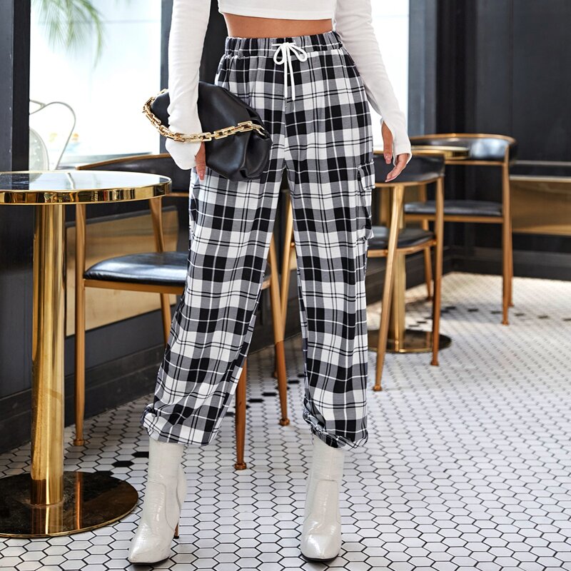 

Plaid Drawstring Waist Side Flap Pocket Sweatpants, Multicolor