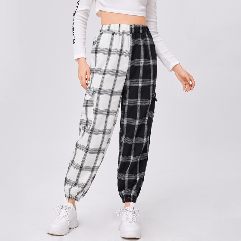 

Plaid Colorblock Cargo Pants, Black and white