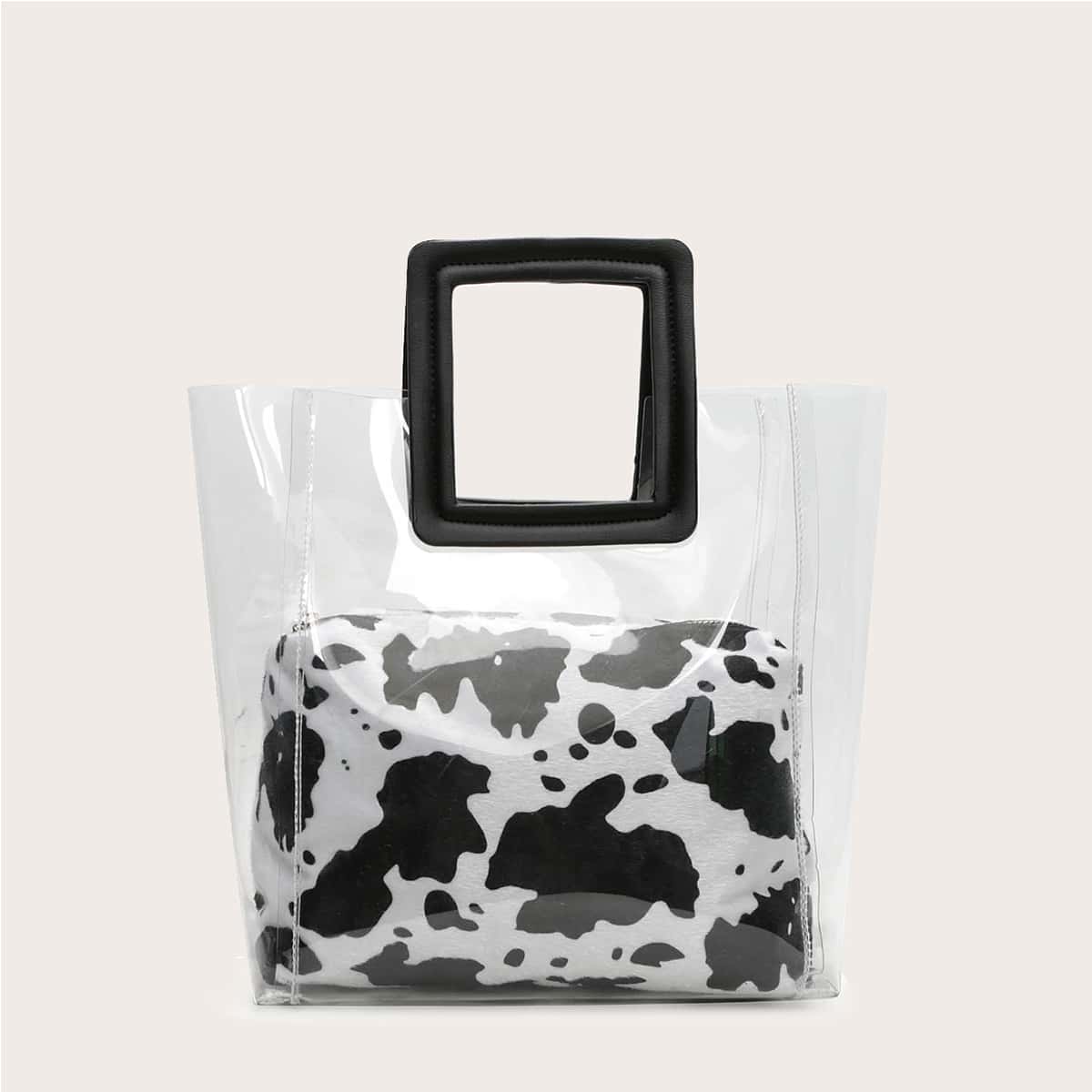 

Clear Satchel Bag With Cow Pattern Inner Pouch, Black and white