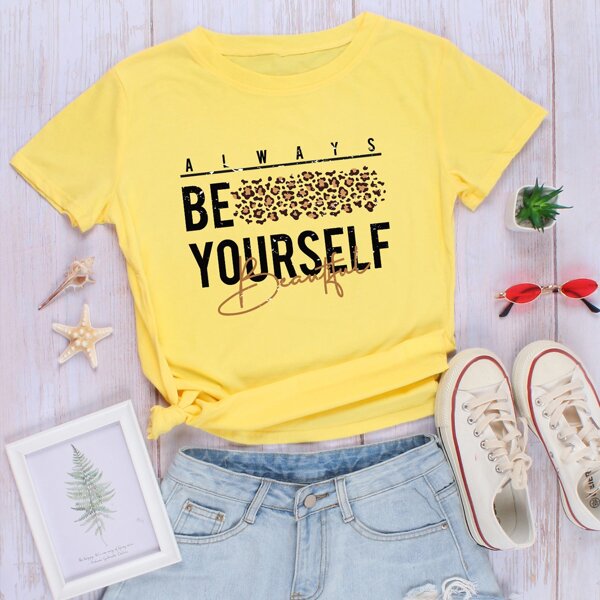 

Slogan Graphic Round Neck Tee, Yellow