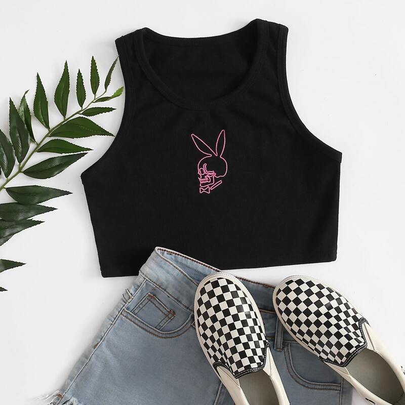 

Skull Embroidery Crop Tank, Black