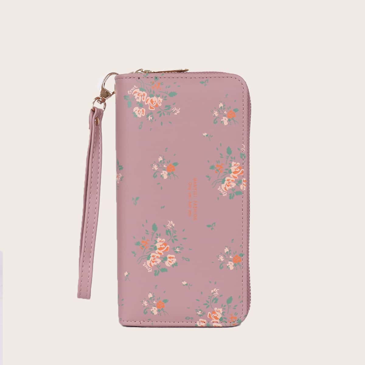 

Flower Print Double Zip Purse, Dusty pink