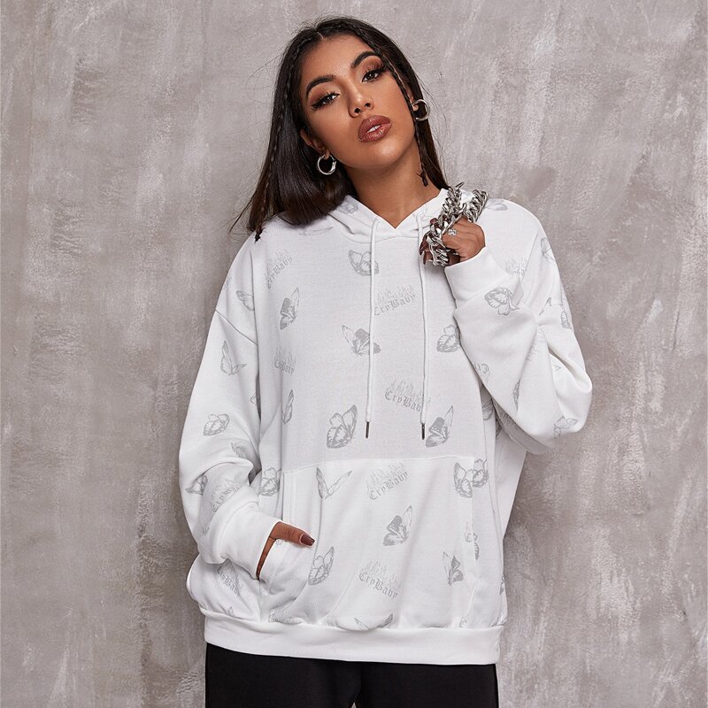 

Kangaroo Pocket Reflective Butterfly Drawstring Oversized Hoodie, White