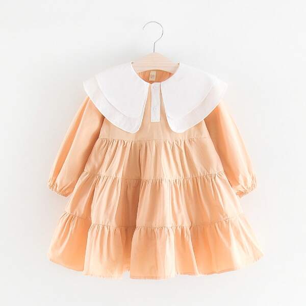 

Toddler Girls Ruffle Hem Doll Collar Babydoll Dress, Orange pastel