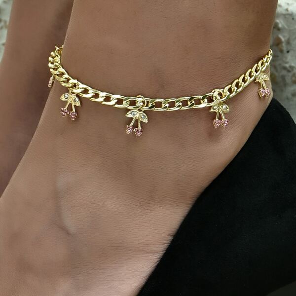 

Rhinestone Cherry Chain Anklet, Gold