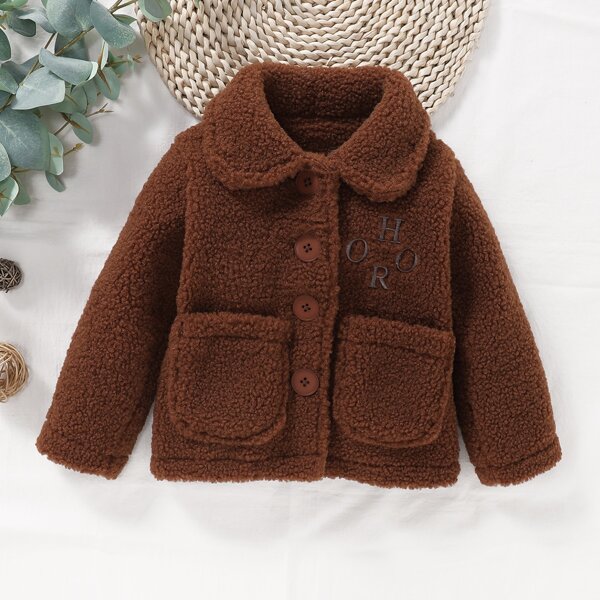 

Toddler Girls Letter Embroidery Teddy Coat, Chocolate brown