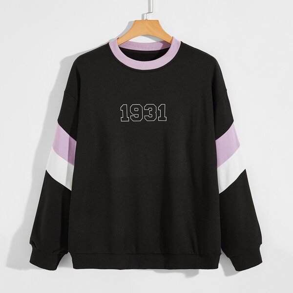 

Men Contrast Panel Number Print Sweatshirt, Black