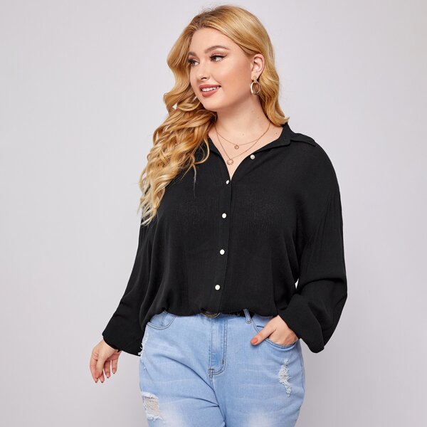 

Plus Bishop Sleeve Button Up Blouse, Black