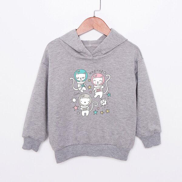 

Toddler Girls Cartoon Cat And Letter Print Hoodie, Grey