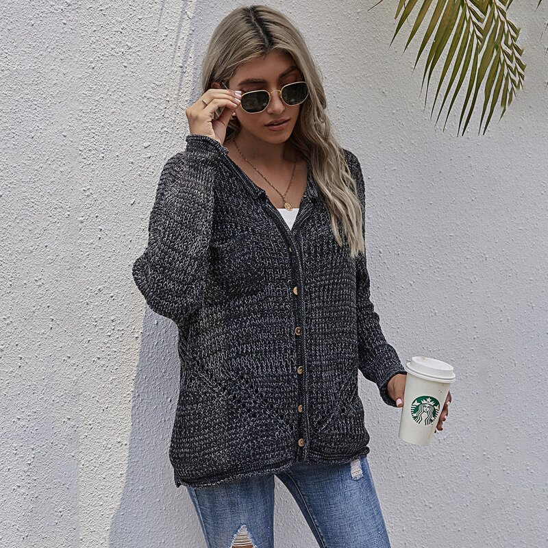 

Space Dye Button Up Sweater Coat, Black