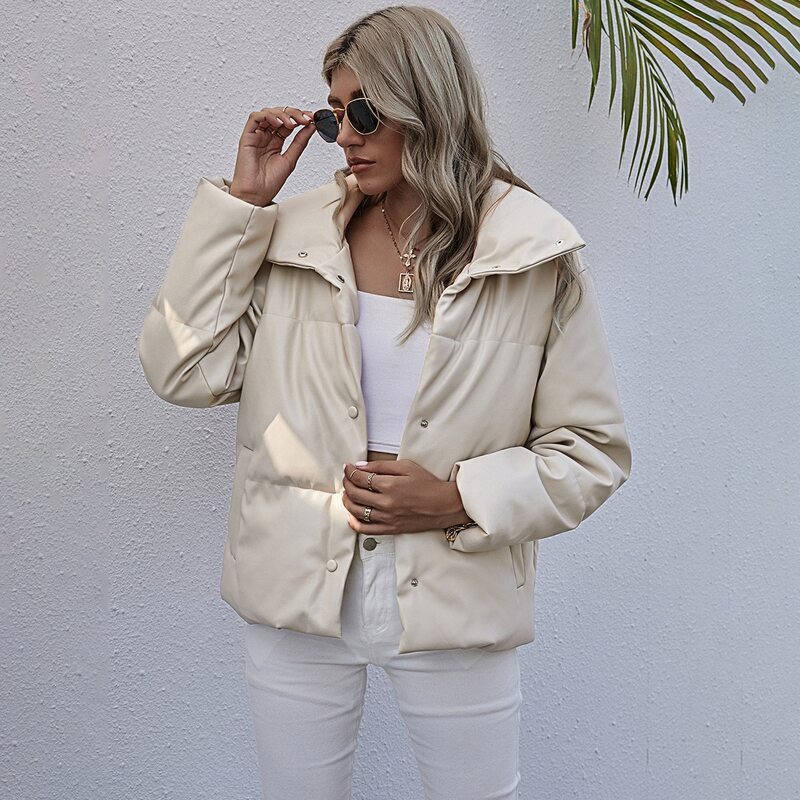 

Solid Button Through PU Leather Puffer Coat, Beige