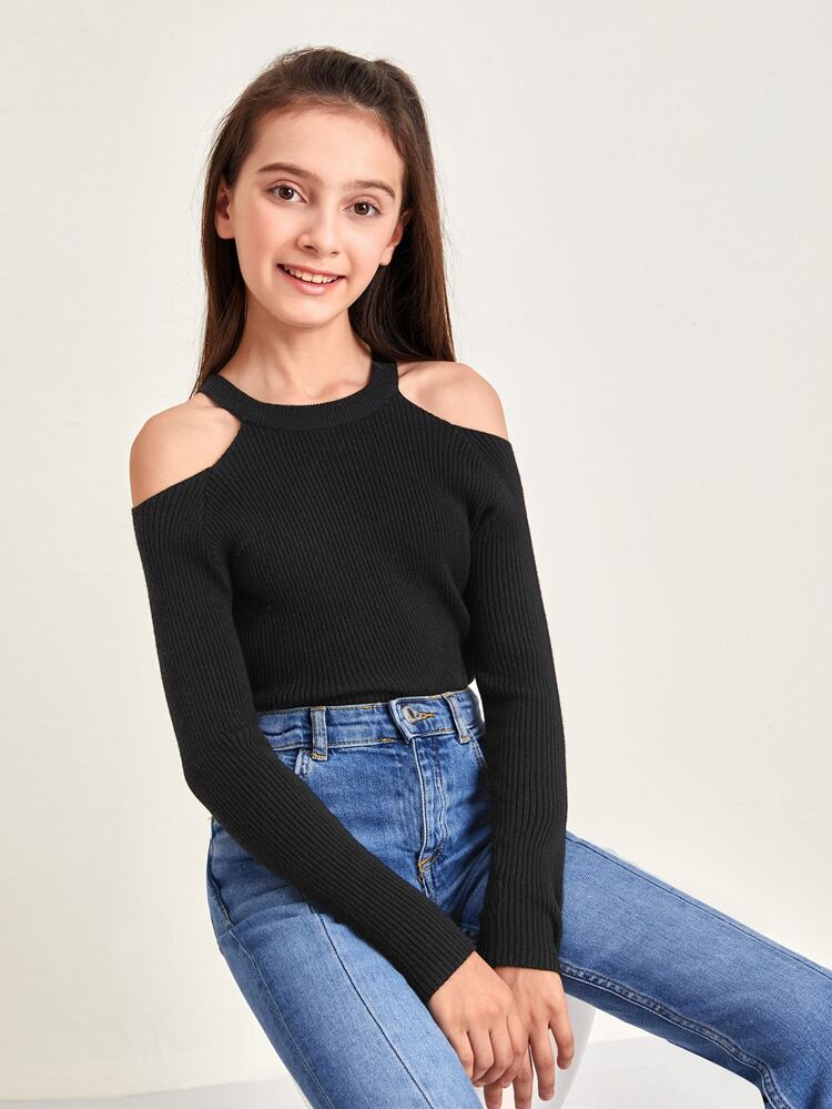 Girls Cold Shoulder Solid Sweater