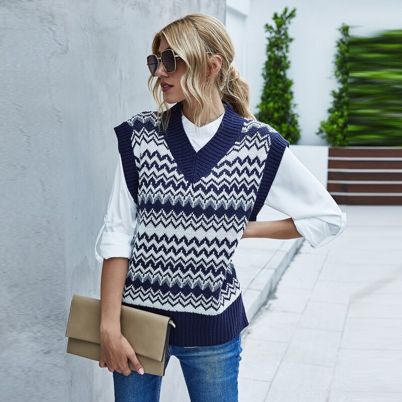 

Chevron Pattern Sweater Vest, Blue and white
