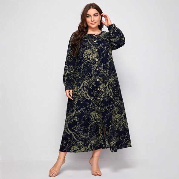 

Plus Plants Print Button Front Dress, Multicolor