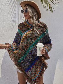 SHEIN LUNE Chevron Fringe Hem Poncho Jumper - Multicolor - View 1