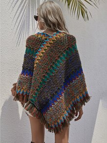 SHEIN LUNE Chevron Fringe Hem Poncho Jumper - Multicolor - View 2
