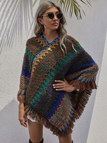 SHEIN LUNE Chevron Fringe Hem Poncho Jumper - Multicolor - View 3