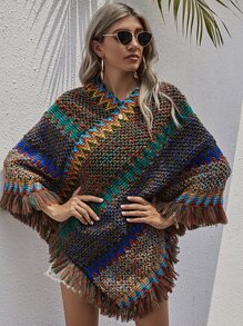 SHEIN LUNE Chevron Fringe Hem Poncho Jumper - Multicolor - View 4