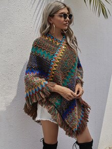 SHEIN LUNE Chevron Fringe Hem Poncho Jumper - Multicolor - View 5