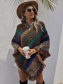 SHEIN LUNE Chevron Fringe Hem Poncho Jumper - Multicolor - View 7