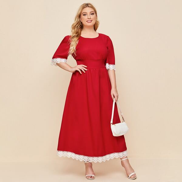 

Plus Lace Panel Puff Sleeve A-line Dress, Red