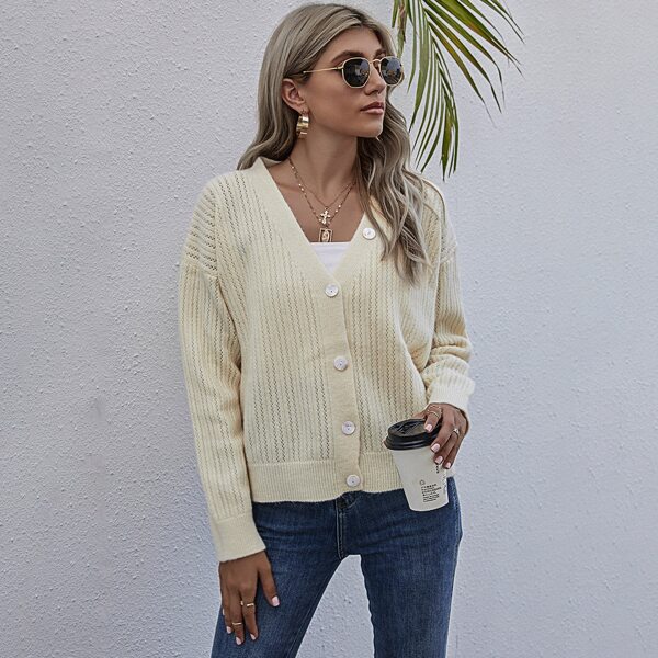 

Solid Pointelle Button Through Cardigan, Beige