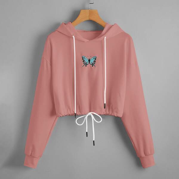 

Butterfly Embroidery Drawstring Crop Hoodie, Dusty pink