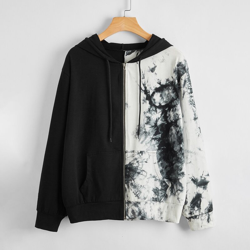 

Tie Dye Spliced Zip Up Hoodie, Black and white