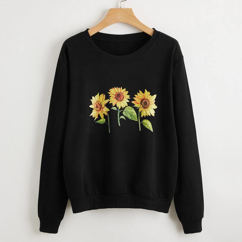 

Sunflower Print Drop Shoulder Sweatshirt, Black