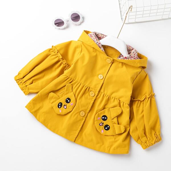 

Toddler Girls 3D Ear Design Cartoon Embroidery Hooded Coat, Mustard yellow