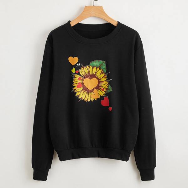 

Sunflower & Heart Print Sweatshirt, Black