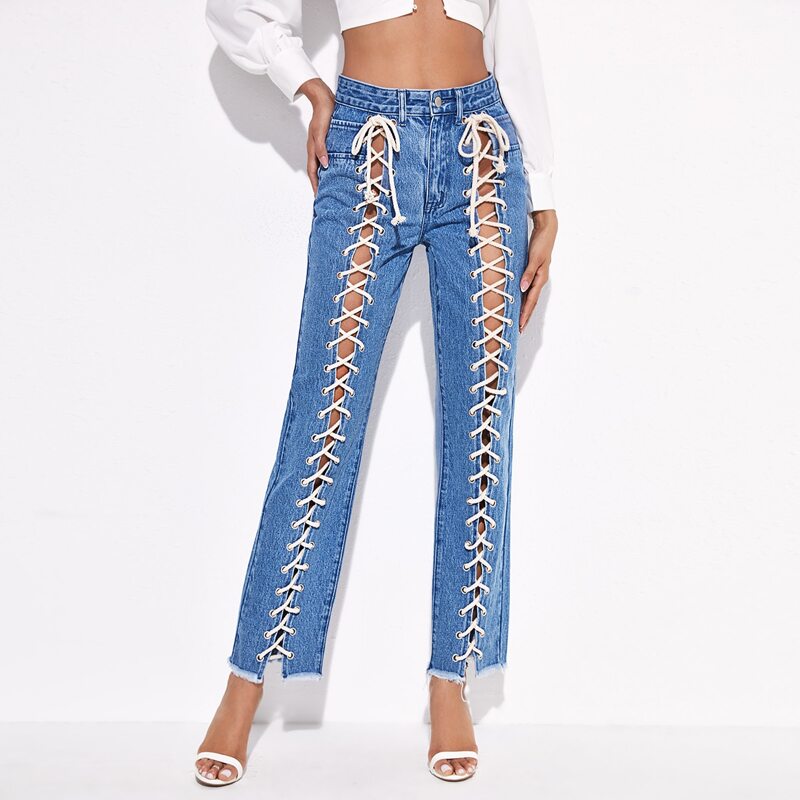 

Lace Up Detail Raw Hem Jeans, Medium wash
