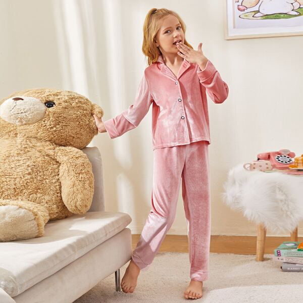 

Girls Solid Velvet Button Front Pajama Set, Dusty pink