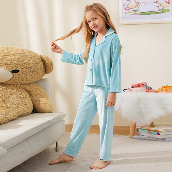 

Girls Solid Velvet Button Front Pajama Set, Mint blue
