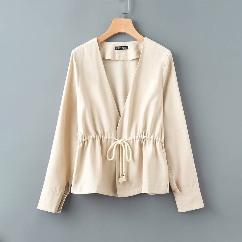 

Solid Drawstring Waist Coat, Beige