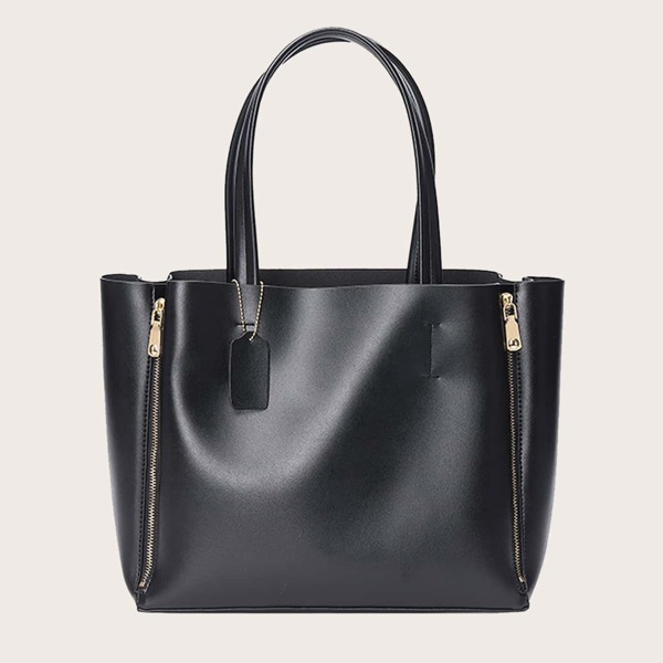 

Zipper Decor Tote Bag With Inner Pouch, Black