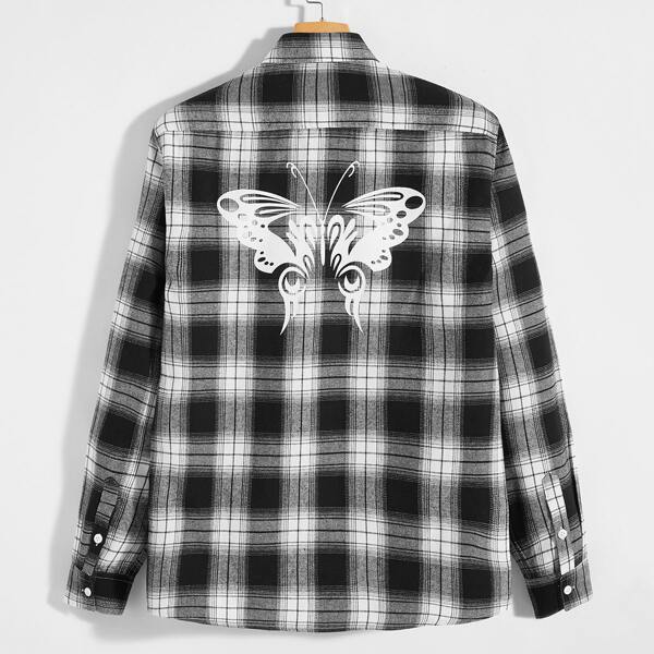 

Men Butterfly Print Back Plaid Shirt, Black and white