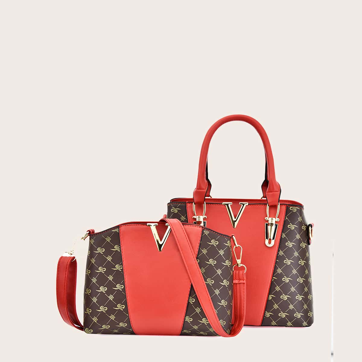 

2pcs Color Block Tote Bag Set, Red